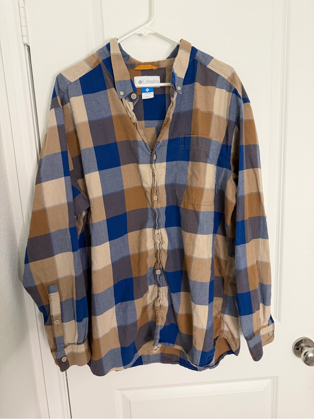 Columbia Men's Blue and Brown Checked Button-Down Shirt